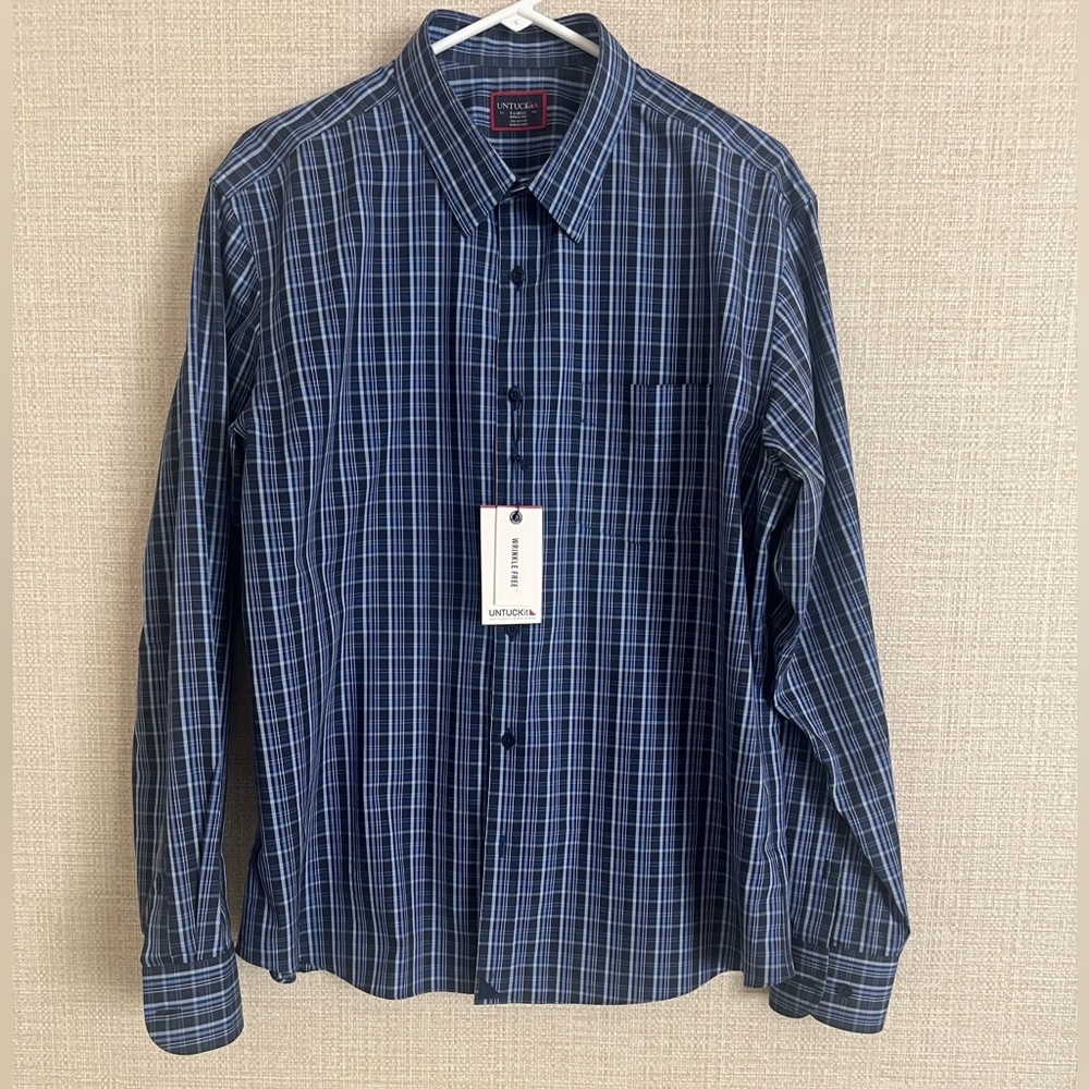 NWT. Untuckit Men's XL Blue Plaid 100% Cotton Wrinkle Free Long Sleeve Shirt.